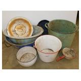 Antique graniteware & enamelware basins, pans,