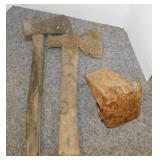 2 vintage hatchets & wood splitter head