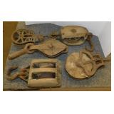 5 antique barn pulleys, metal & wood