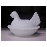 Vintage Indiana milk glass hen on nest, 7" long