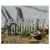 Primitive wooden picket fence - 2 cast iron wagon