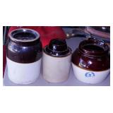 3 antique crocks: 2 canning jars - 3 gallon bean