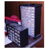 Two parts bin cabinets full of wood craft minis -