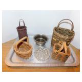 Glass flower frog - 4 small woven baskets -