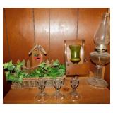 Glass oil lamp, Wooden wall candle sconce -