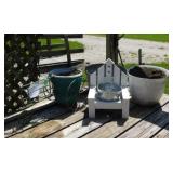 Patio Planters: Metal tractor - Wood chair -