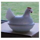 Vintage opalescent milk glass hen on nest,