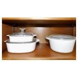 Pyrex & 2 Corning white casseroles w/ glass lids