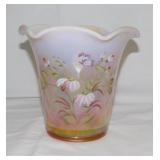 Signed Fenton pink opalescent floral vase,