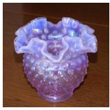 Fenton cranberry opalescent hobnail ruffled vase,