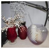 Red & clear glass vases w/ artificial dï¿½cor -