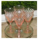 4 pink diamond optic Depression glass goblets,