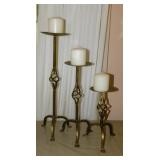 3 brass pillar candle holders, 10', 15' & 20'