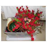 Tote of decorative artificial flowers, wreaths &