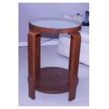 Mid Century curved teak? side table w/ mirror top,
