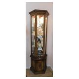 Lighted mirrored curio cabinet w/ glass shelves &