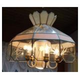 Leaded glass swag pendant lamp, etched panels &