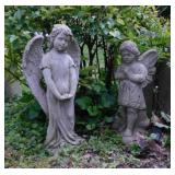 Two angel garden statues & frog yard art