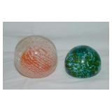 2 blown glass paperweights w/ bubbles & polished