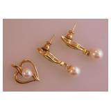 14K yellow gold pearl & diamond jewelry set: