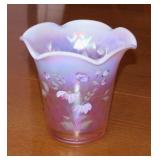 Signed Fenton pink opalescent floral vase,
