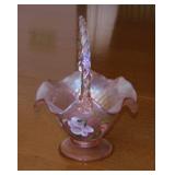 Signed Fenton pink opalescent glass basket with