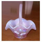Signed Fenton pink opalescent glass basket,