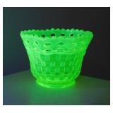Fenton opalescent Vaseline basket weave glass