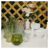 Milk glass & other vases & bowls