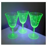 3 etched Uranium optic Depression glass goblets,