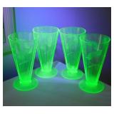 4 etched Uranium optic Depression glass