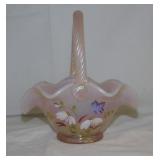 Signed Fenton pink opalescent glass basket,