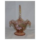 Signed Fenton pink opalescent glass basket with