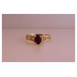 10K tested yellow gold filigree ruby ring, size 7,