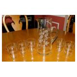 Vintage etched glass pitcher & tumbler set, 10'