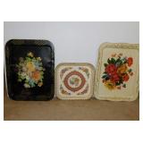 3 vintage metal floral serving trays