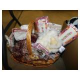Sewing supplies in wicker basket w/ lid