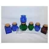 Miniature blue & green glass bottles w/ corks,