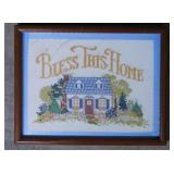 2 kitschy cross stitch framed wall art pieces: