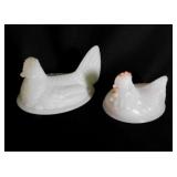 2 milk glass hen on nest lids, largest is 5" long