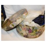 Fabrics & lace in large hat box, 14" diameter -