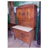 Antique oak Hoosier kitchen cabinet on casters w/