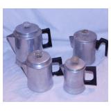 4 vintage aluminum coffee percolators, tallest is
