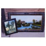 Reverse glass painting in Tiger Oak frame, damage,