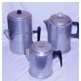 3 vintage aluminum coffee percolators, 1 is a