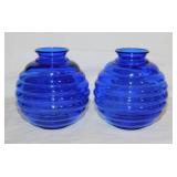 Pair of cobalt glass ribbed beehive vases marked