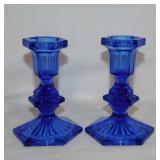 Cobalt glass: Pair of candlesticks, 5" tall -