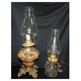 2 antique glass oil lamps, one electrified,