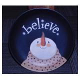 Christmas: Wooden Believe snowman plate -