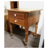 Antique 2 drawer oak side table w/ porcelain pulls